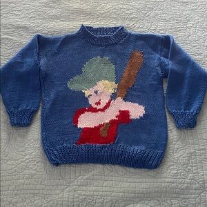 Blue Sweater with Baseball Player Design